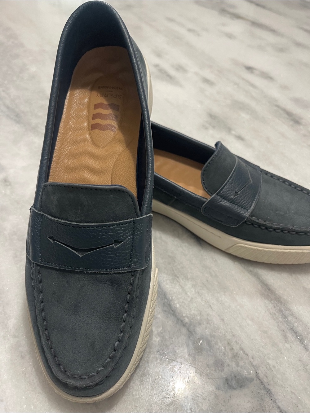 Sperry Navy Leather Penny Loafers with White Sole